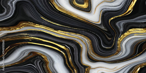 A seamless artistic design featuring a wavy yellow and black liquid paint texture with golden flow patterns and a colorful metallic surface backdrop for an elegant wallpaper