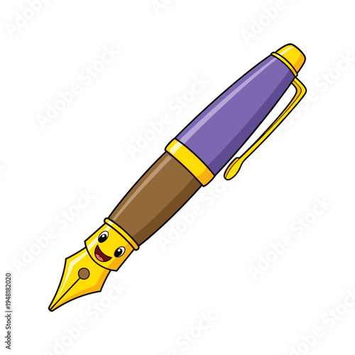 A cartoon fountain pen with a smiley face on the nib