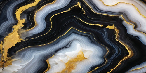 Seamless wavy pattern design with a fluid liquid flow of yellow and blue artistic waves and a shiny gold metal surface texture