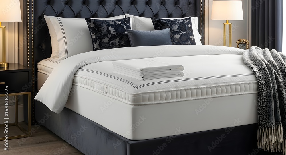 Fototapeta premium Luxurious Bed with White Mattress and Plush Headboard in a Bedroom Setting.