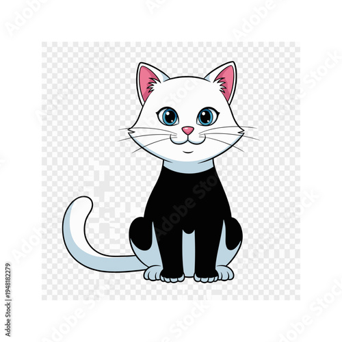 A cute cartoon cat with a white face and black body