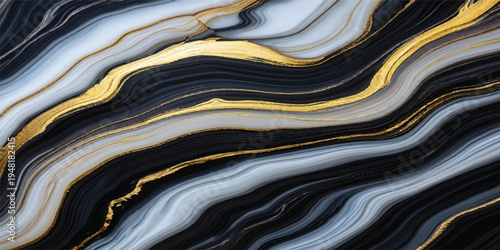 Close up of an abstract background of a stone featuring a liquid gold wave pattern and artistic blue textures on a brown metal backdrop