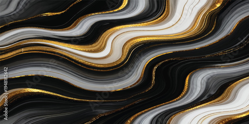 A black and white abstract background features a liquid texture with flowing wavy patterns and light reflecting off a metallic art design