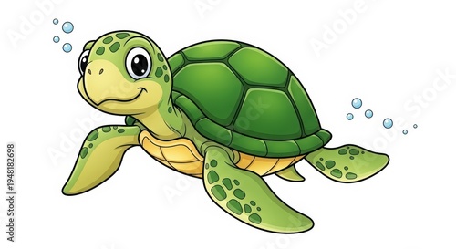 A cartoon sea turtle swims through the water with a smile