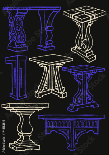 Hand-drawn vector illustration featuring various antique and classic style table bases and architectural elements in chalk sketch art style, with blue and white outlines