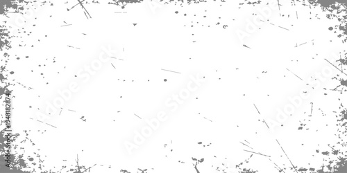 Abstract grunge illustration of black ink splats and liquid paint splashes creating a dirty vector texture pattern on a white paper border frame