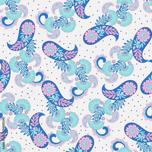 Floral seamless pattern with paisley ornament. Vector illustration in asian textile style