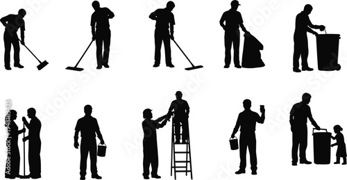 Silhouette illustrations of people performing various cleaning and maintenance tasks