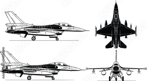 fighter, jet, aircraft, silhouette, military, airplane, aviation, warplane, fighterjet, top, side, front, view, isolated, black, vector, illustration, combat, defense, design