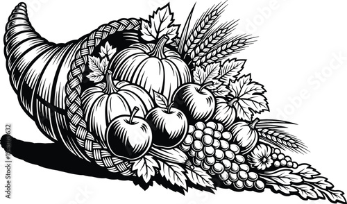 Cornucopia harvest horn with pumpkins apples grapes and wheat, thanksgiving abundance symbol, autumn harvest festival vector illustration