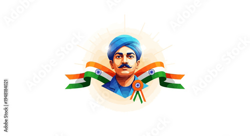Illustration of a patriotic Indian man in a blue turban with a mustache, symbolizing Shaheed Diwas, against a colorful background with Indian flags and a warm, symbolic mood