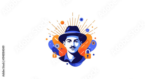 Illustration of a man in a hat with a patriotic theme, symbolizing Shaheed Diwas or Martyrs Day in India with a colorful and artistic design