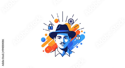 Illustration of a patriotic silhouette character wearing a hat, surrounded by vibrant colors and symbols, representing Shaheed Diwas or Martyrs Day in India with a bold and symbolic art