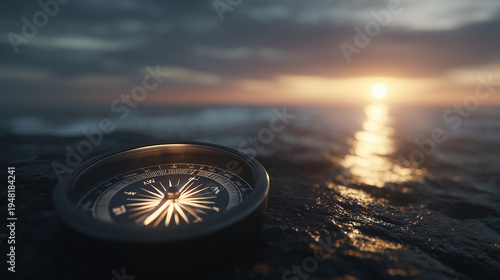 compass on ocean water at sunset, navigation compass guiding direction at sea, concept of direction and guidance with compass at sunrise