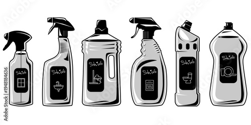 Set of black and white household cleaning product bottles isolated