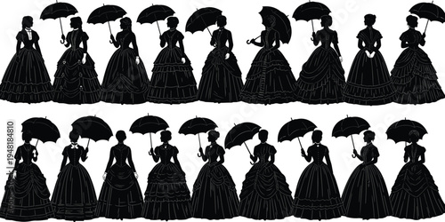 Victorian era fashion silhouettes of women in vintage ball gowns with umbrellas, elegant nineteenth century lady figures, historical costume design for decorative borders,