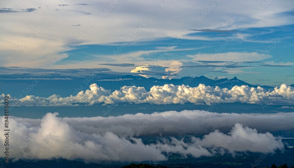 Fototapeta premium Dramatic mountain landscape with layered clouds at sunrise aerial view