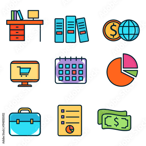 Business finance and office work icons set including desk, Files, Money, Computer, Calendar, Pie chart, Briefcase, Documents, And banknotes