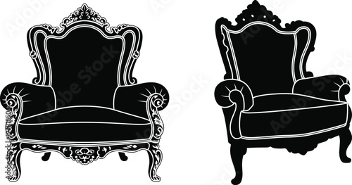 Vintage royal armchair silhouettes in baroque style, ornate antique furniture illustration isolated in black and white, classic luxury interior design element for decor, logo, and branding
