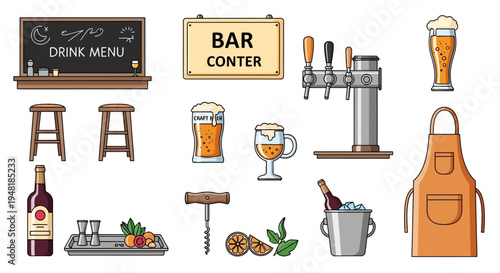 Bar Drink Menu and Beverage Items Flat Vector Illustration