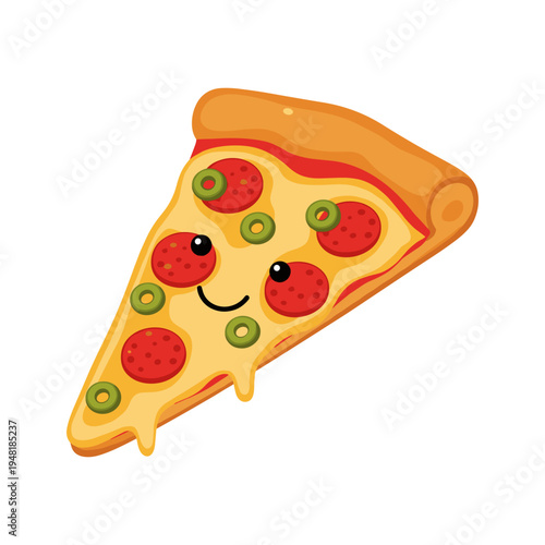 A cartoon slice of pizza with a smiley face