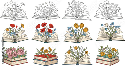 Vintage hand drawn floral book illustrations set featuring blooming wildflowers and garden roses growing from open pages for romantic literature and spring aesthetic designs