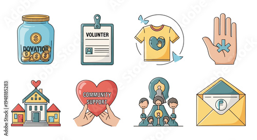 Community Icons Set Depicting Support Charity Volunteering and Donation Concepts