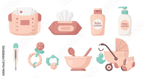Baby Care Accessories and Toys Set in a Flat Vector Illustration Style