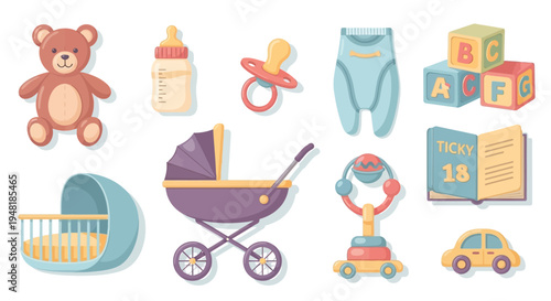 Baby Care Items and Toys Collection in a Flat Vector Style