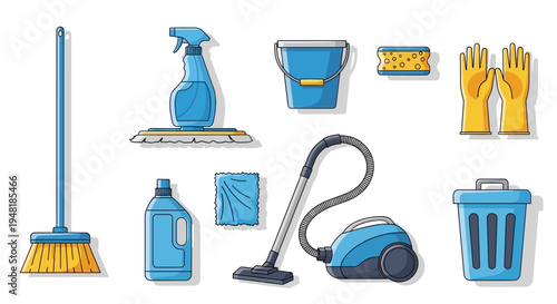 Cleaning Supplies and Equipment Set for Household Chores and Maintenance