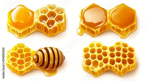 Artistic depiction of various honeycombs and a honey dipper, showcasing the golden, viscous honey