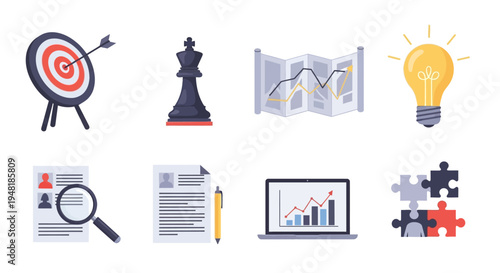 Business Strategy Analytical Planning and Idea Generation Icons Set