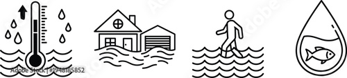 Flood, disaster, icons, water, level, rising, thermometer, house, submerged, evacuation, fish, drop, vector, outline, environmental, climate, warning, set, illustration, symbol