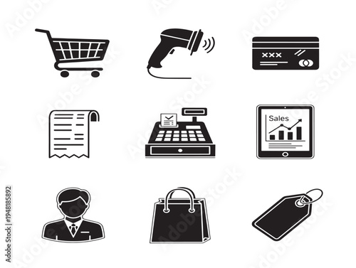 Professional retail POS system icons with sleek payment terminal visuals