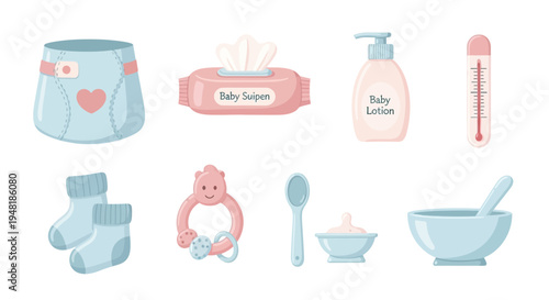 Baby Essentials Collection with Diaper Wipes Lotion Thermometer and Rattle