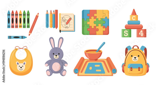 Childrens Educational Toys and Supplies Collection with Bib and Backpack