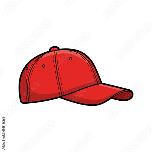 A red baseball cap with a curved brim