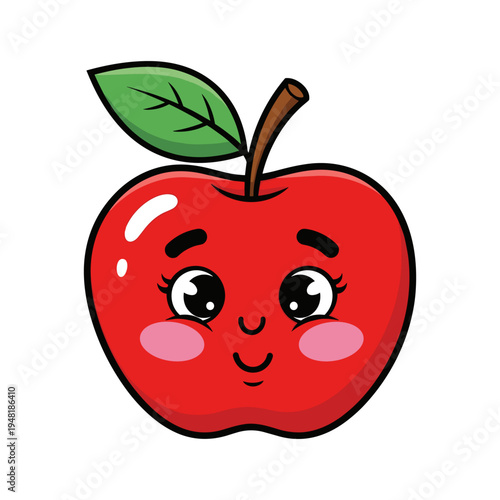 A cartoon apple with a face and a green leaf on top