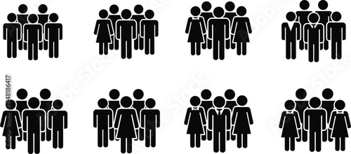 Group of people icons set, community teamwork and social network crowd silhouettes, business team vector illustration isolated design