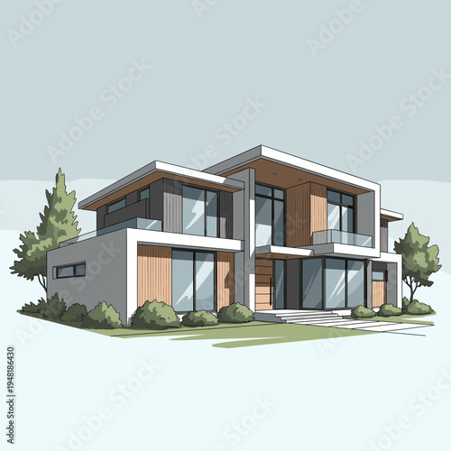 A modern architectural illustration of a two-story house with large windows, flat roofs, and minimalist design, surrounded by green landscaping.