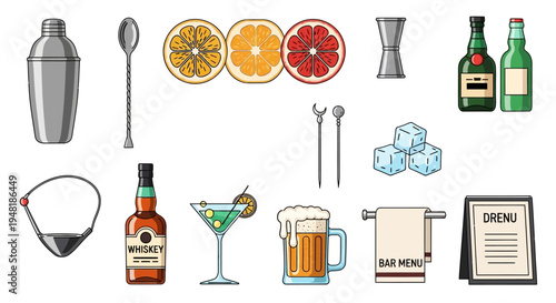 Bar Tools Ingredients and Drinks Collection for Cocktail Preparation