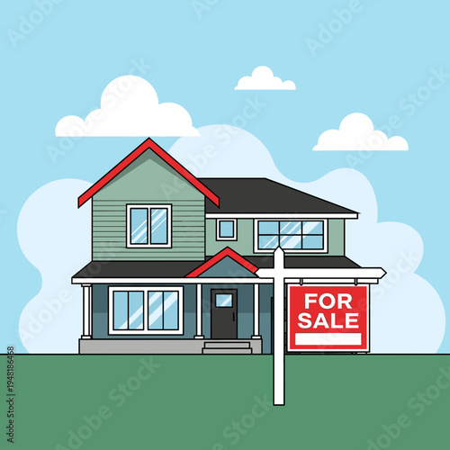 A cartoon illustration of a modern two-story house with a red roof and a "FOR SALE" sign in the front yard under a blue sky.