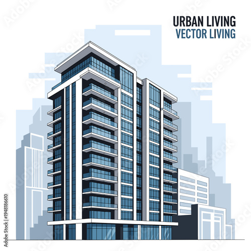 A modern high-rise residential building with balconies in an urban city skyline, vector illustration.