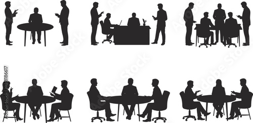 Business meeting teamwork office discussion corporate conference collaboration boardroom people communication strategy workplace silhouette flat vector illustration design
