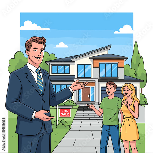 Real estate agent showing a modern house to a happy young couple holding keys, with a 'for sale' sign in the yard.