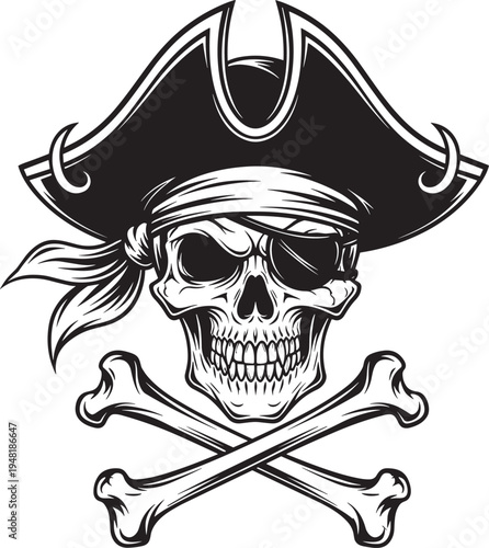 Pirate skull vector illustration with tricorn hat, eye patch, bandana, crossed bones, Jolly Roger symbol, danger rebellion adventure design, black white artwork