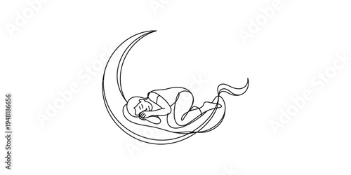 A continuous line art illustration of a person sleeping peacefully inside a crescent moon Vector, illustration