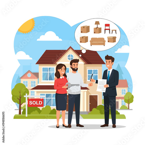 A real estate agent facilitates a home purchase for a couple, with the 'Sold' sign prominently displayed in front of their new house.