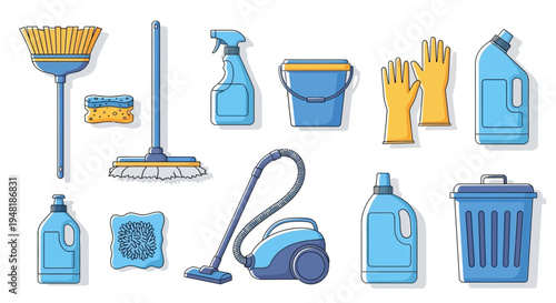 Cleaning Equipment and Supplies for Household Chores Vector Illustration