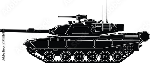 Vector illustration of modern battle tank silhouette with turret, gun, tracks, and antennas, symbolizing military technology, defense, armored vehicle design, combat power, and warfare concepts.